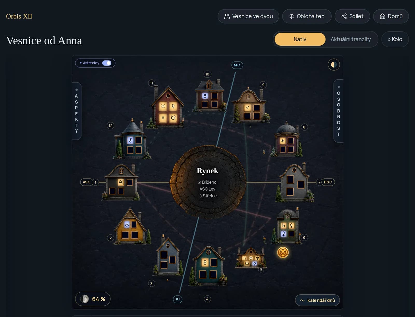 Orbis XII — natal horoscope as a village of 12 houses, main app screen